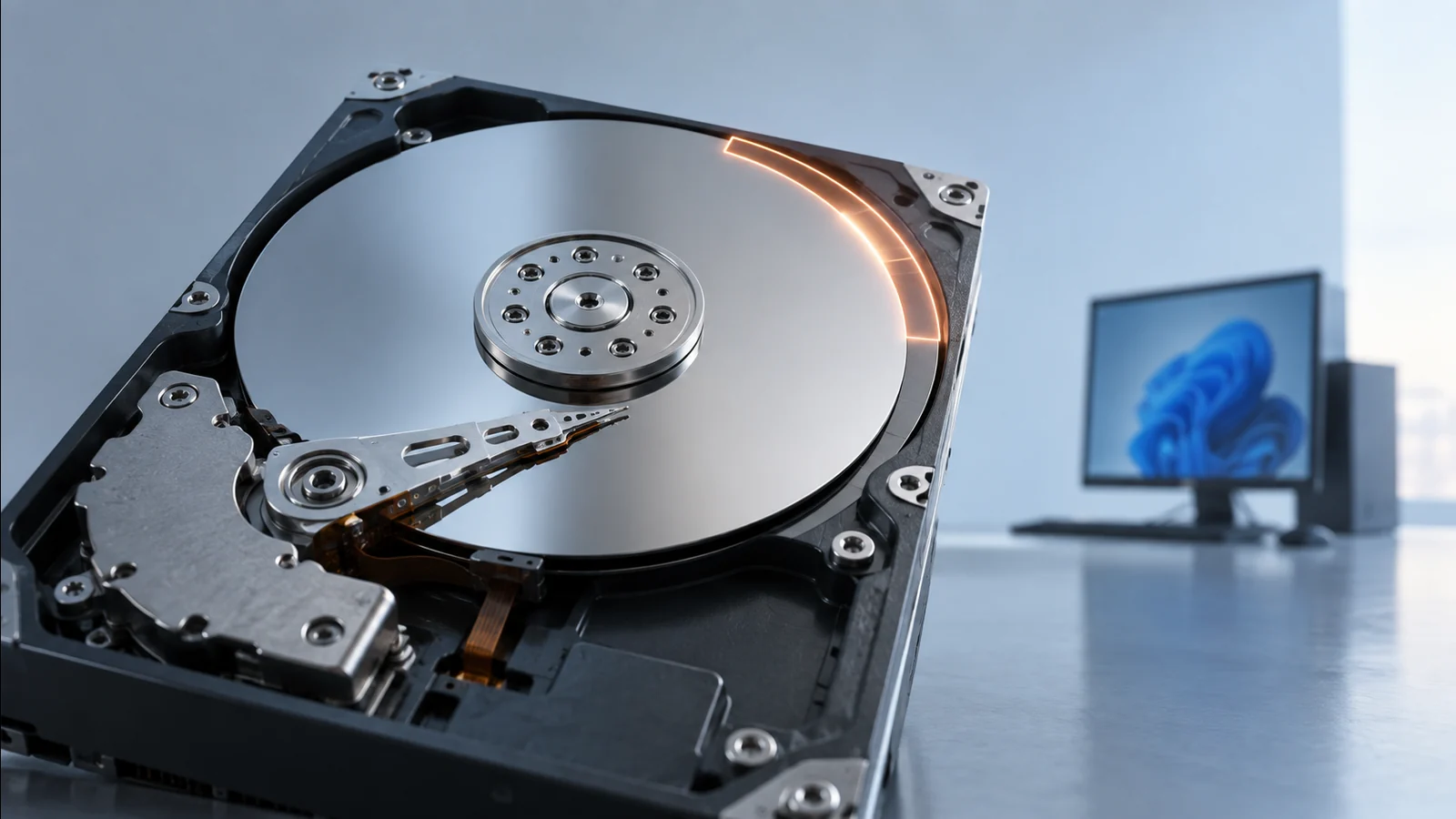 A Windows backup workstation beside a physical disk whose pre-boot partition is highlighted.