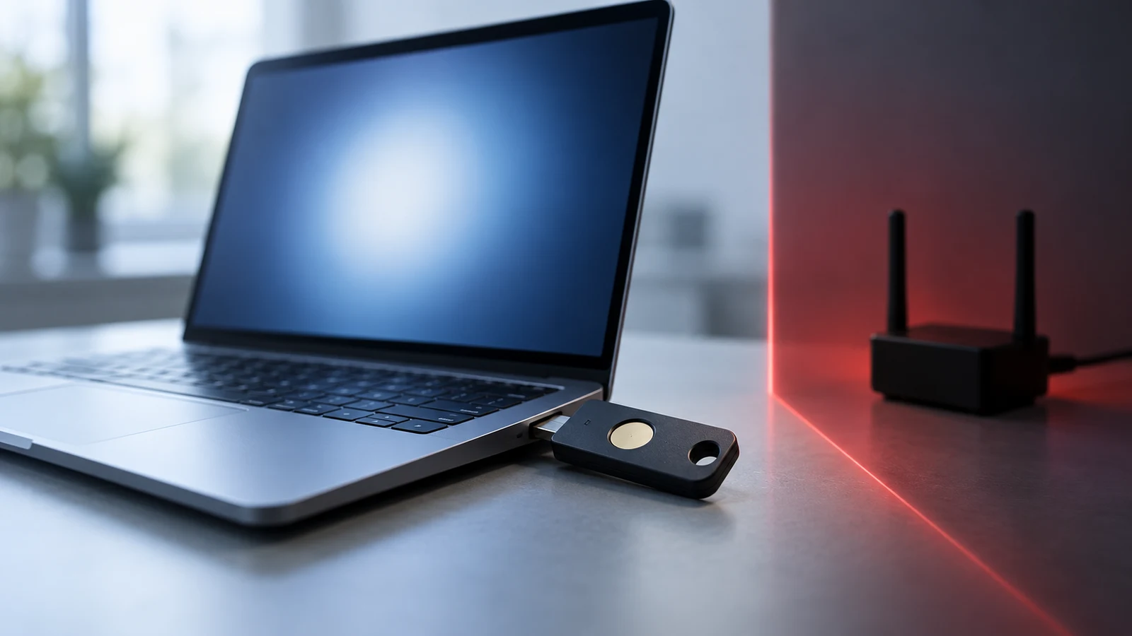 A hardware security key attached to a laptop, separated from a shadowed proxy device by a red boundary.
