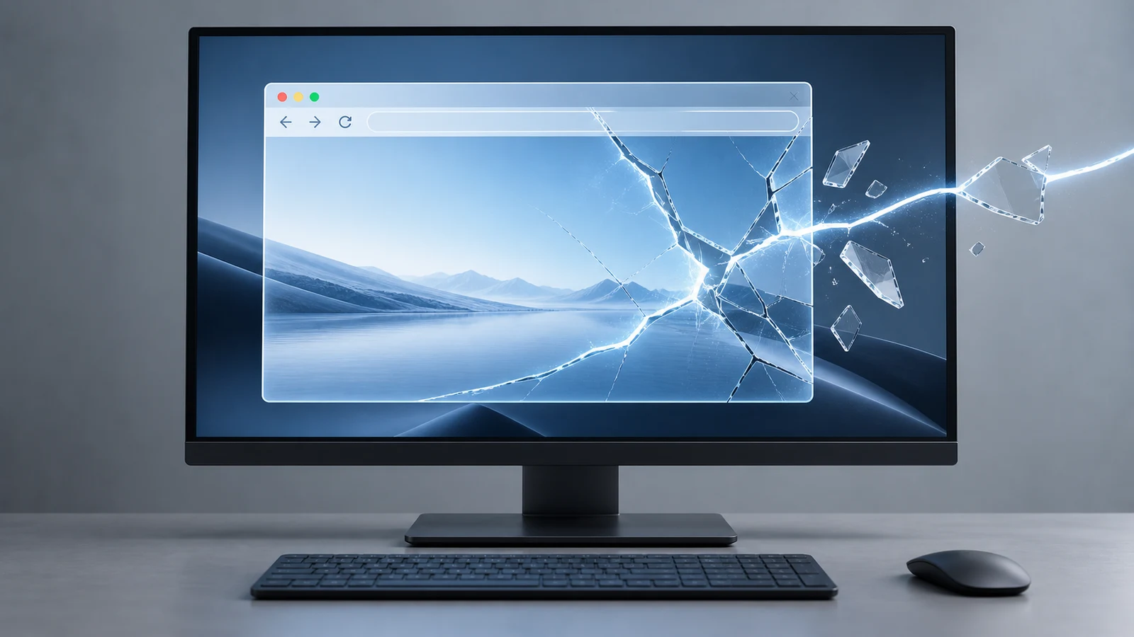 A browser window fractured across three security layers on an analyst workstation.
