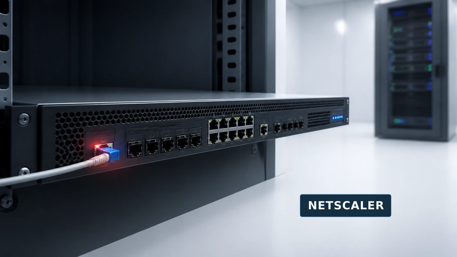 A network gateway appliance beside a segmented access corridor, with one inbound path isolated from the protected network.