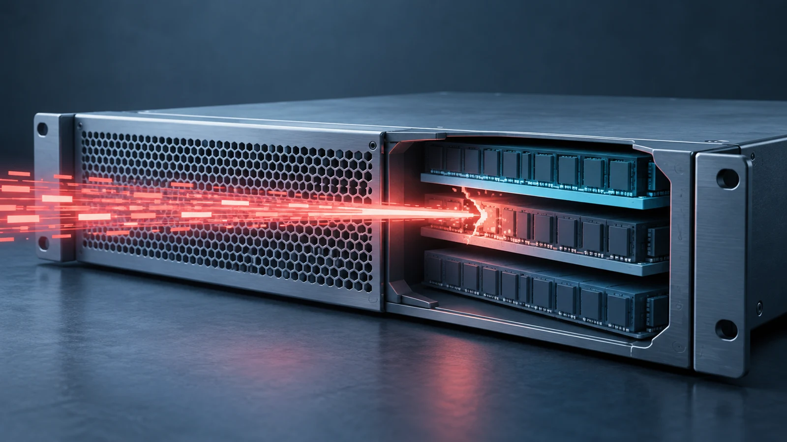 An abstract network appliance with a bright packet pulse crossing exposed memory layers, without product logos or interface text.