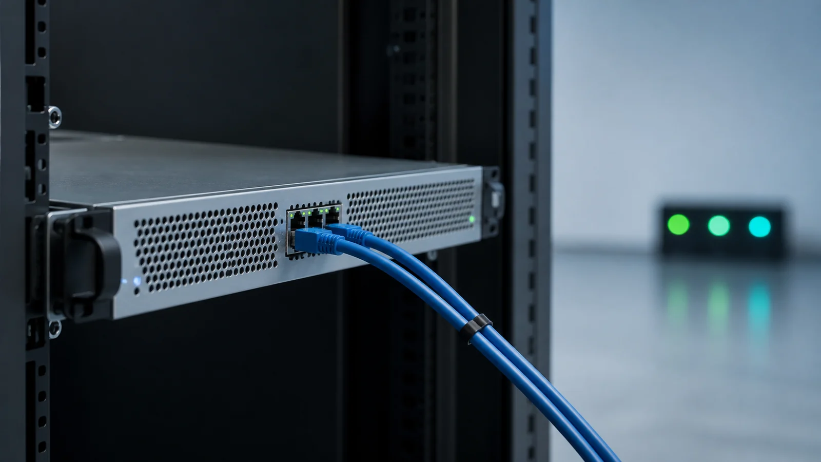 A rack-mounted management server sits above several connected workstation cables in a managed service provider operations room.