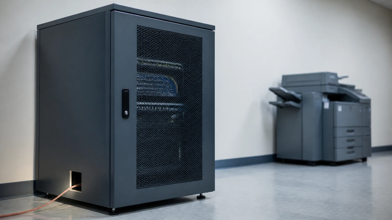 A server rack with a network cable beside an office printer in a bright print room