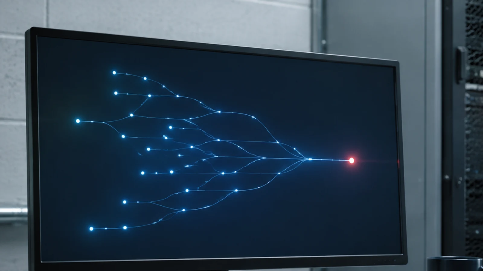 A forensic workstation displays one branching task map beside a secured rack server in a government office.