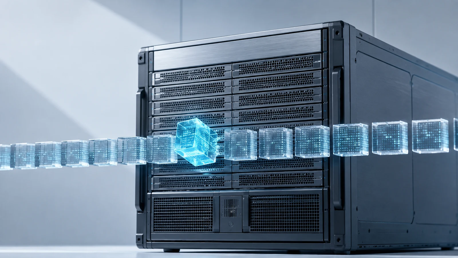 An IIS application server stands behind a translucent upload panel split into encrypted blocks, with one altered block opening a path toward the server process.