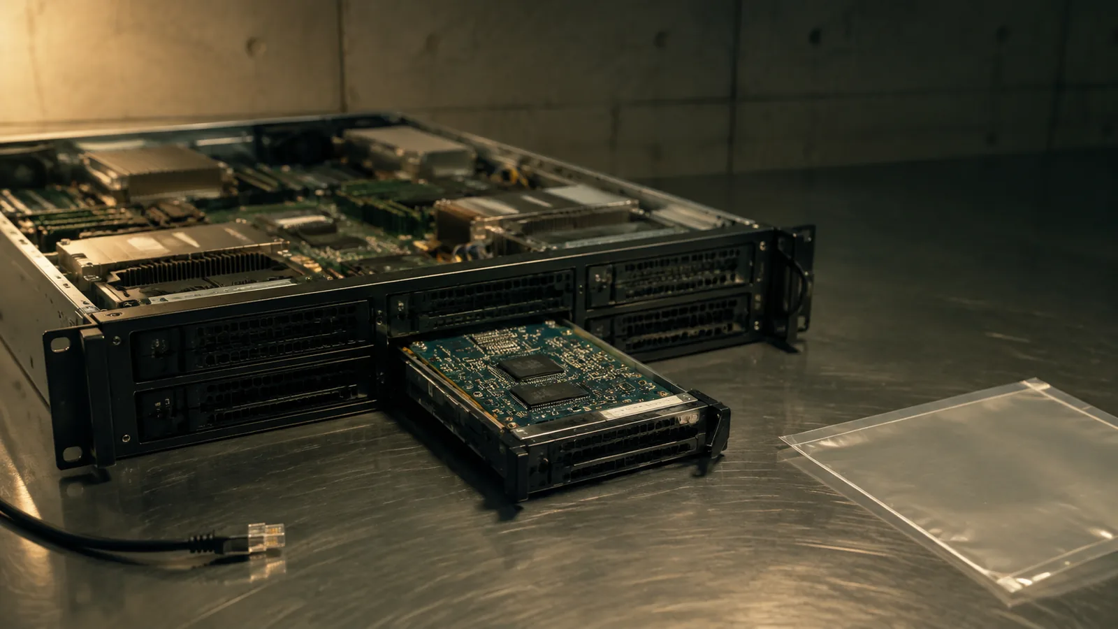 An opened rack server on a forensic bench has one drive tray pulled forward for examination.